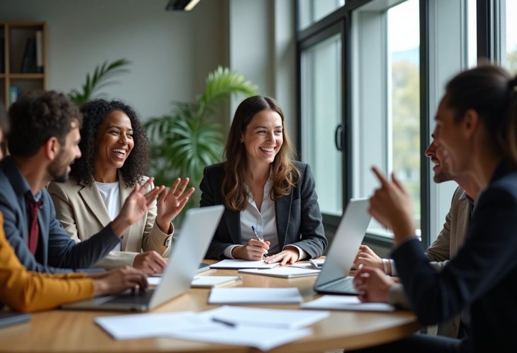 Professionals discussing talent acquisition strategies in a modern Dubai office.