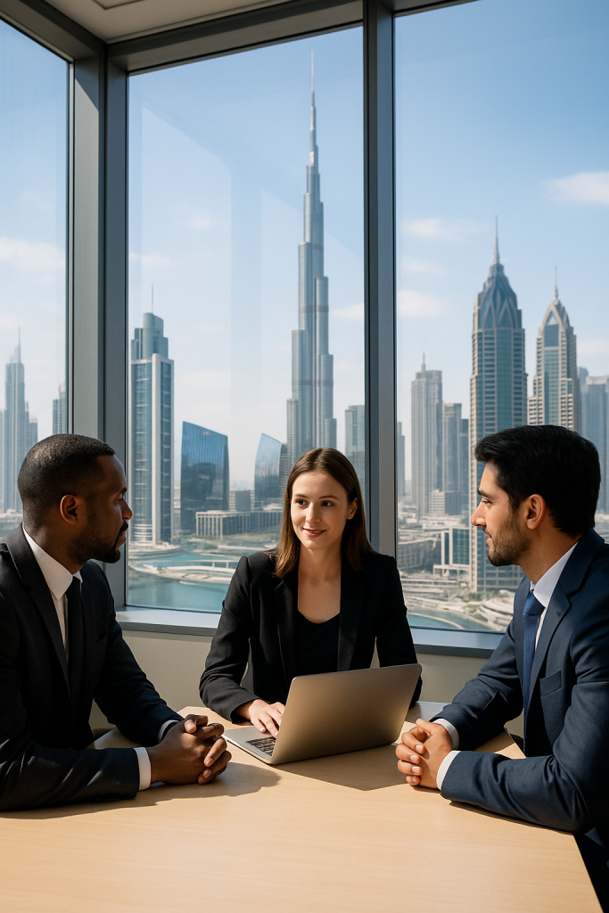 Business meeting in Dubai office with Burj Khalifa view in the background
