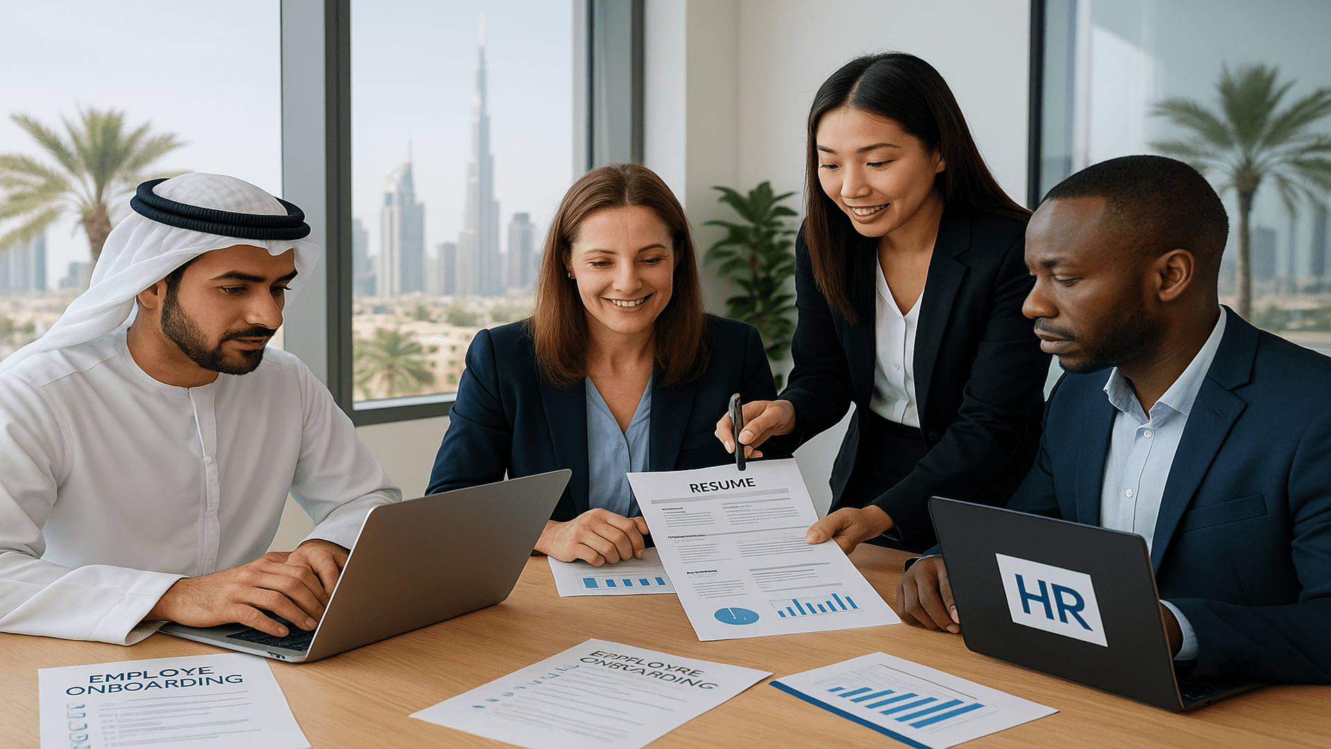 HR team in a UAE office discussing employee support solutions