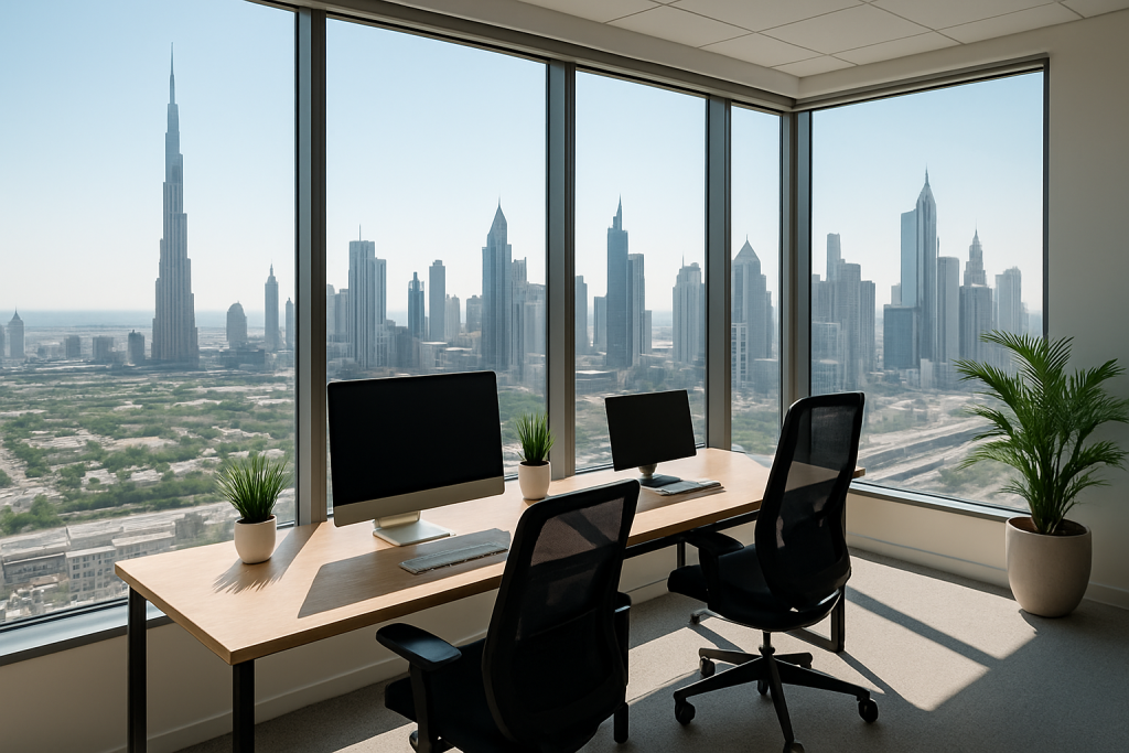 Modern office space with panoramic view of Dubai skyline, featuring the Burj Khalifa and high-rise buildings.