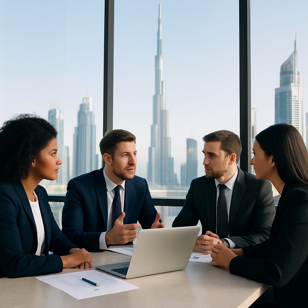 Corporate professionals discussing HR strategies in a Dubai office with skyline view